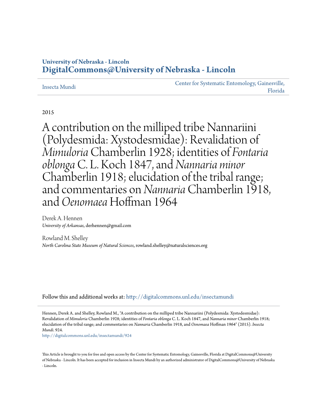 Polydesmida: Xystodesmidae): Revalidation of Mimuloria Chamberlin 1928; Identities of Fontaria Oblonga C