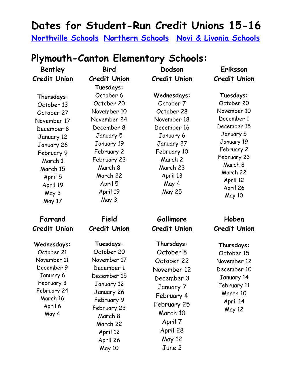 Dates for Student-Run Credit Unions 15-16 Northville Schools Northern Schools Novi & Livonia Schools