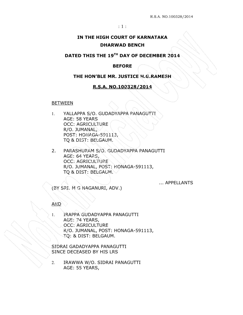 1 : in the High Court of Karnataka Dharwad Bench Dated This the 19Th Day of December 2014 Before the Hon'ble Mr. Justice