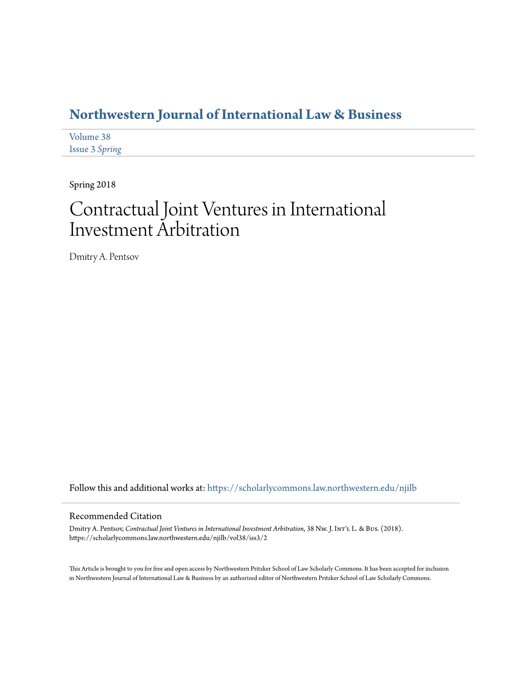 Contractual Joint Ventures in International Investment Arbitration Dmitry A