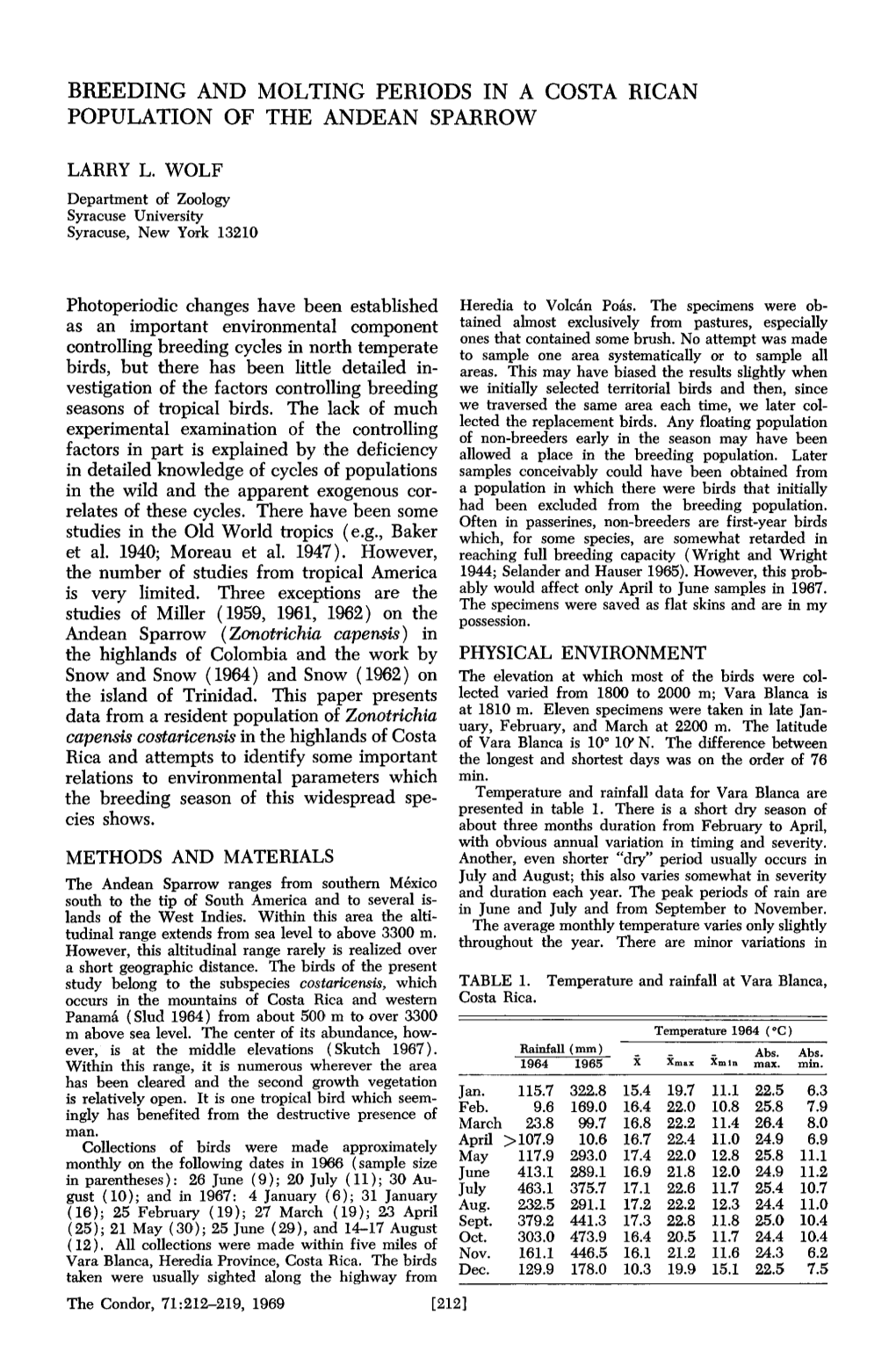 Breeding and Molting Periods in a Population of the Andean Sparrow