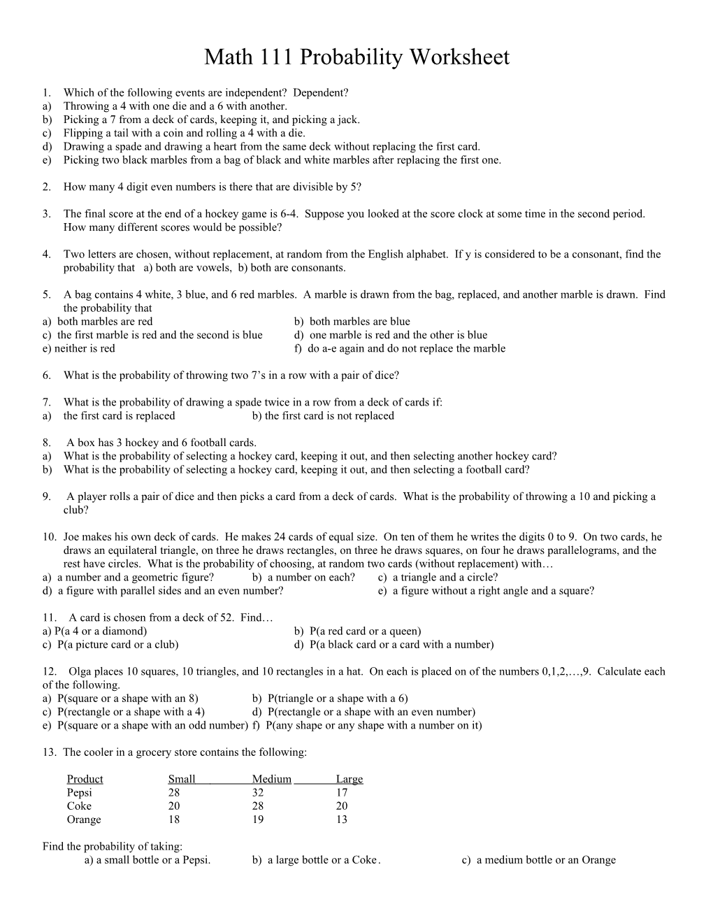 Math 112 Probability Worksheet