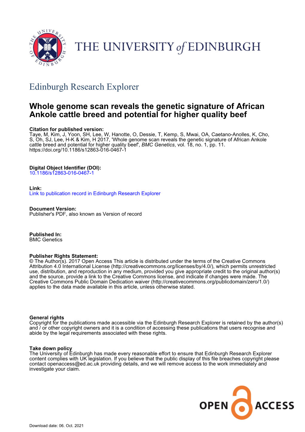 Whole Genome Scan Reveals the Genetic Signature of African Ankole Cattle Breed and Potential for Higher Quality Beef', BMC Genetics, Vol