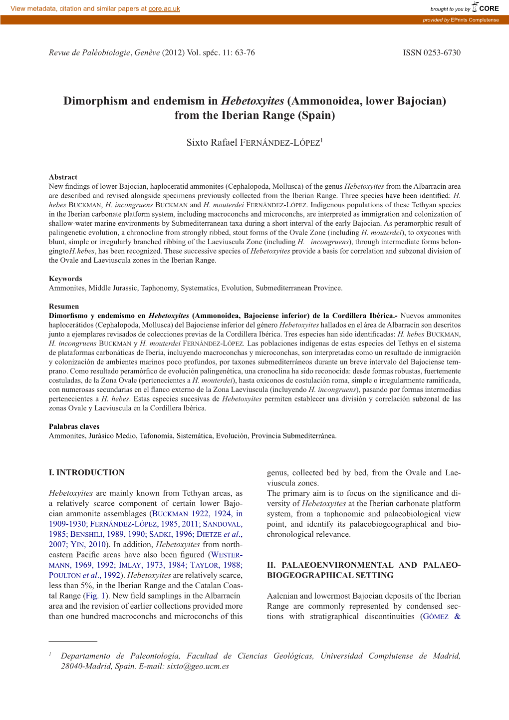 Dimorphism and Endemism in Hebetoxyites (Ammonoidea, Lower Bajocian) from the Iberian Range (Spain)