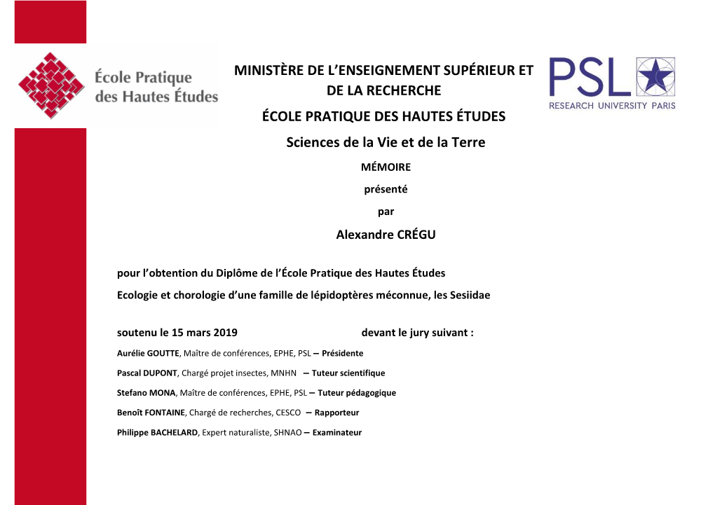 MINISTÈRE DE L'enseignement SUPÉRIEUR ET DE LA RECHERCHE ÉCOLE PRATIQUE DES HAUTES ÉTUDES Sciences De La Vie Et De La Terr