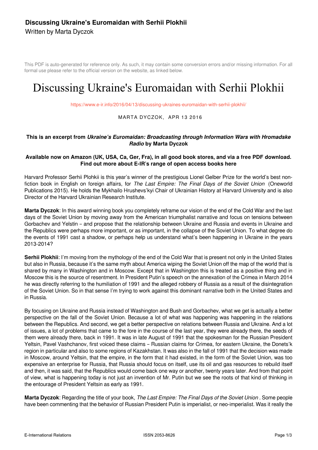 Discussing Ukraine's Euromaidan with Serhii Plokhii Written by Marta Dyczok