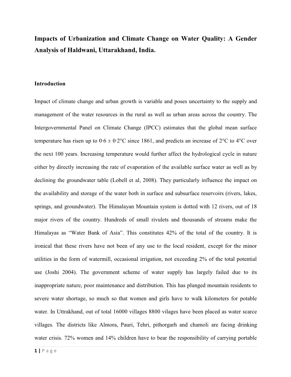 Impacts of Urbanization and Climate Change on Water Quality: a Gender Analysis of Haldwani, Uttarakhand, India