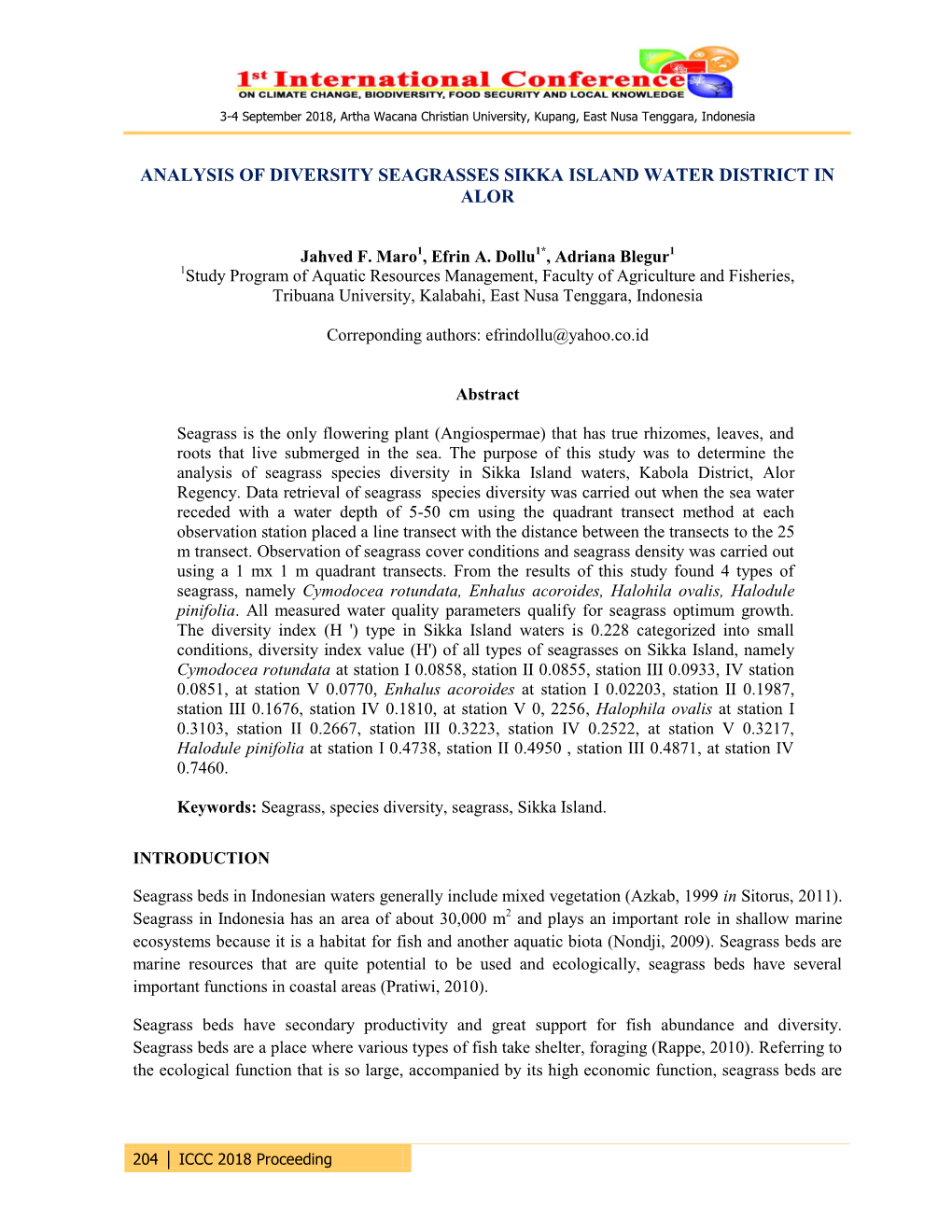 Analysis of Diversity Seagrasses Sikka Island Water District in Alor