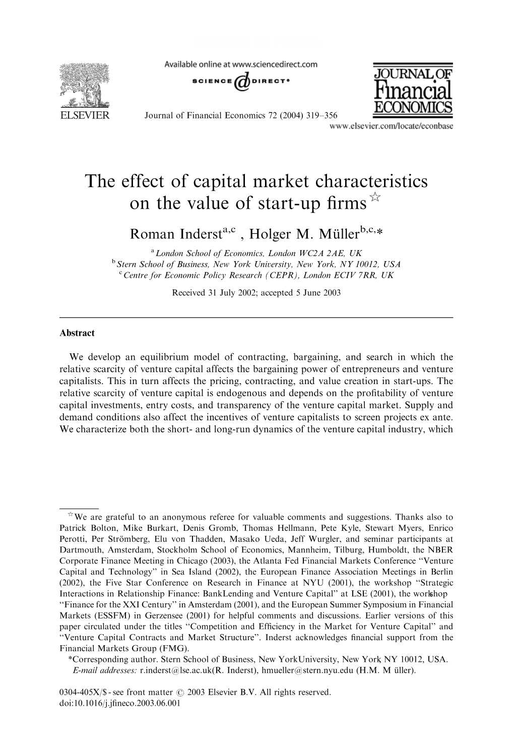 The Effect of Capital Market Characteristics on the Value of Start-Up ﬁrms$