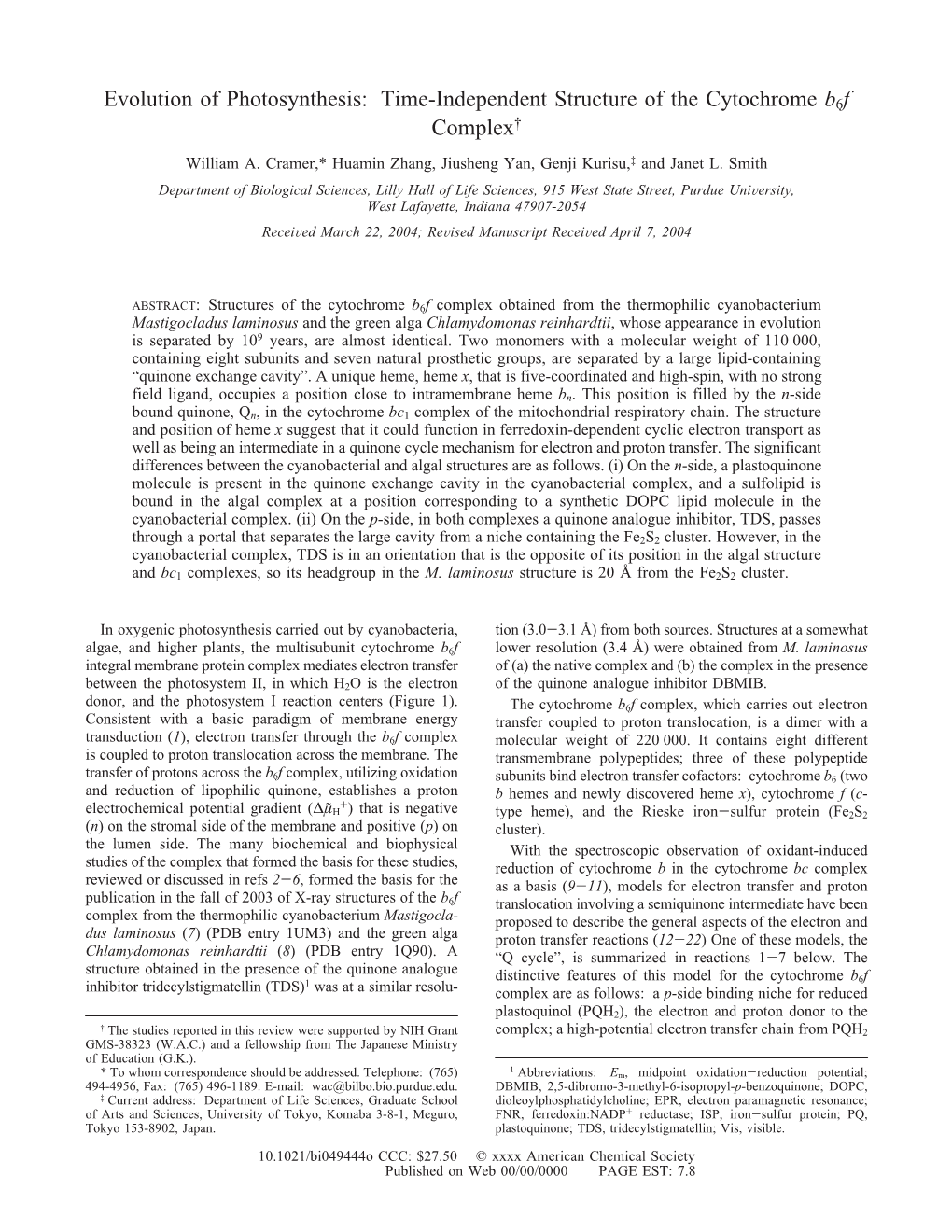 Time-Independent Structure of the Cytochrome B6f Complex† William A