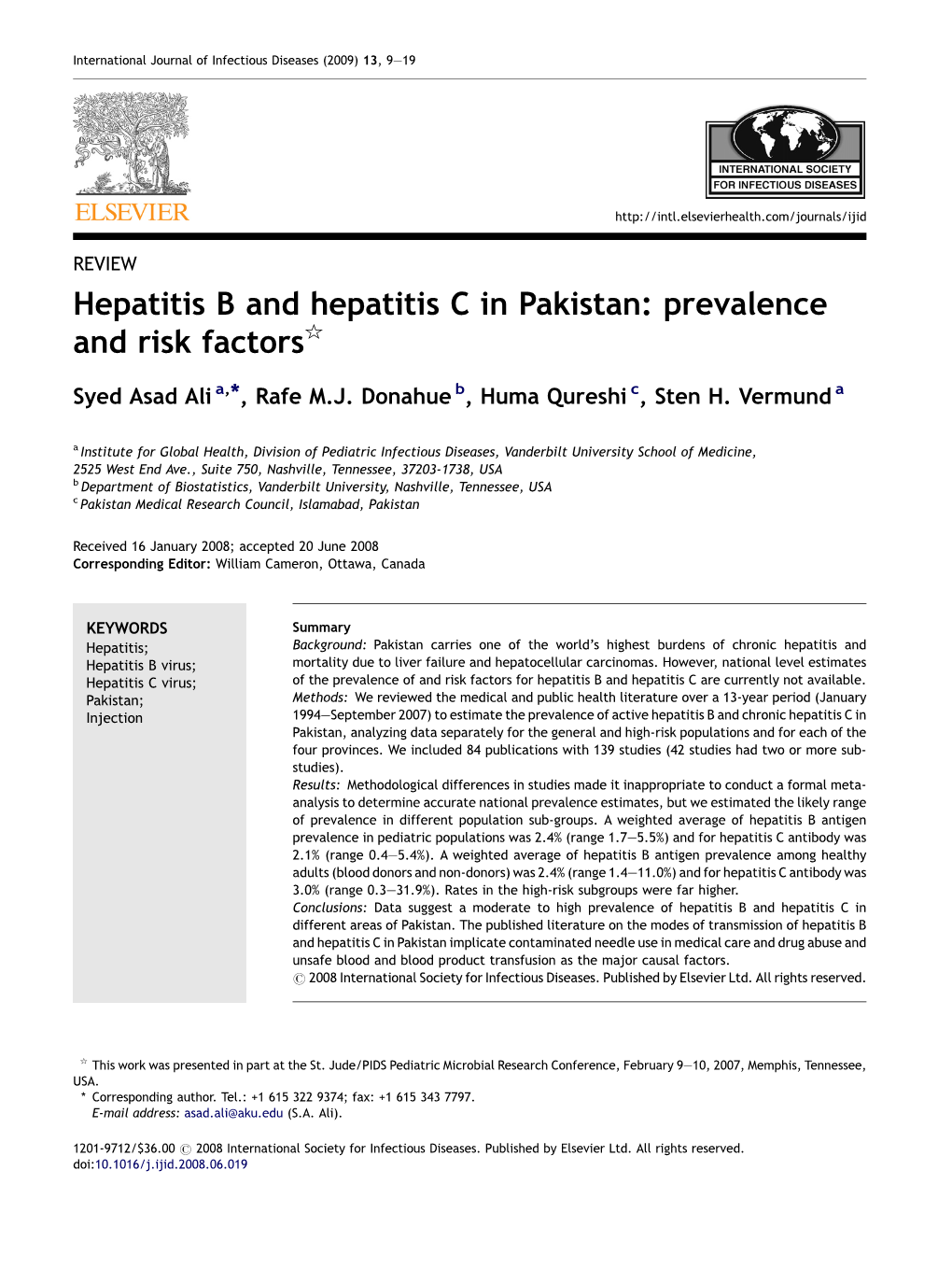 Hepatitis B and Hepatitis C in Pakistan: Prevalence and Risk Factors§