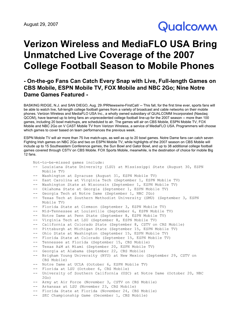 Verizon Wireless and Mediaflo USA Bring Unmatched Live Coverage of the 2007 College Football Season to Mobile Phones