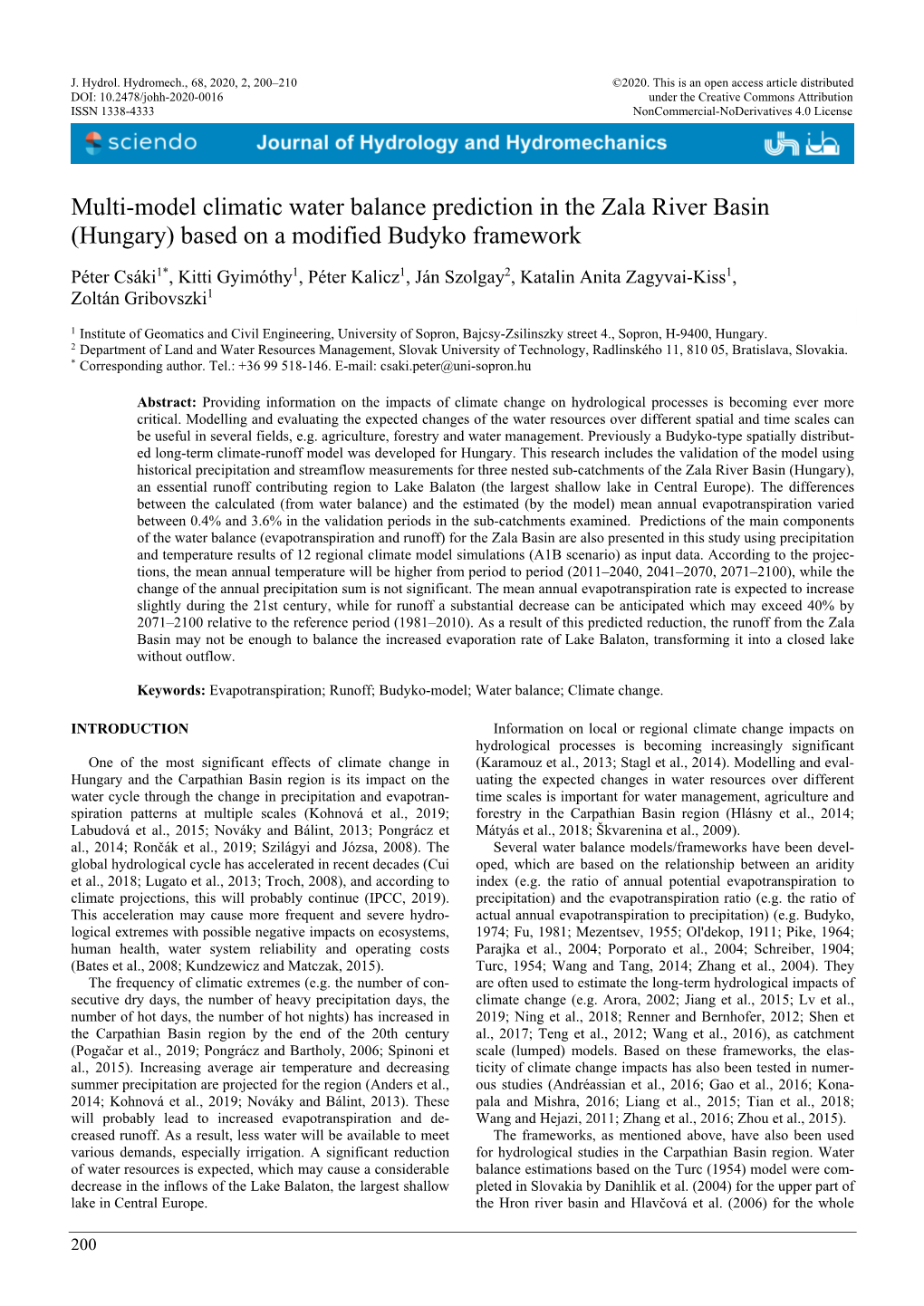 Multi-Model Climatic Water Balance Prediction in the Zala River Basin (Hungary) Based on a Modified Budyko Framework