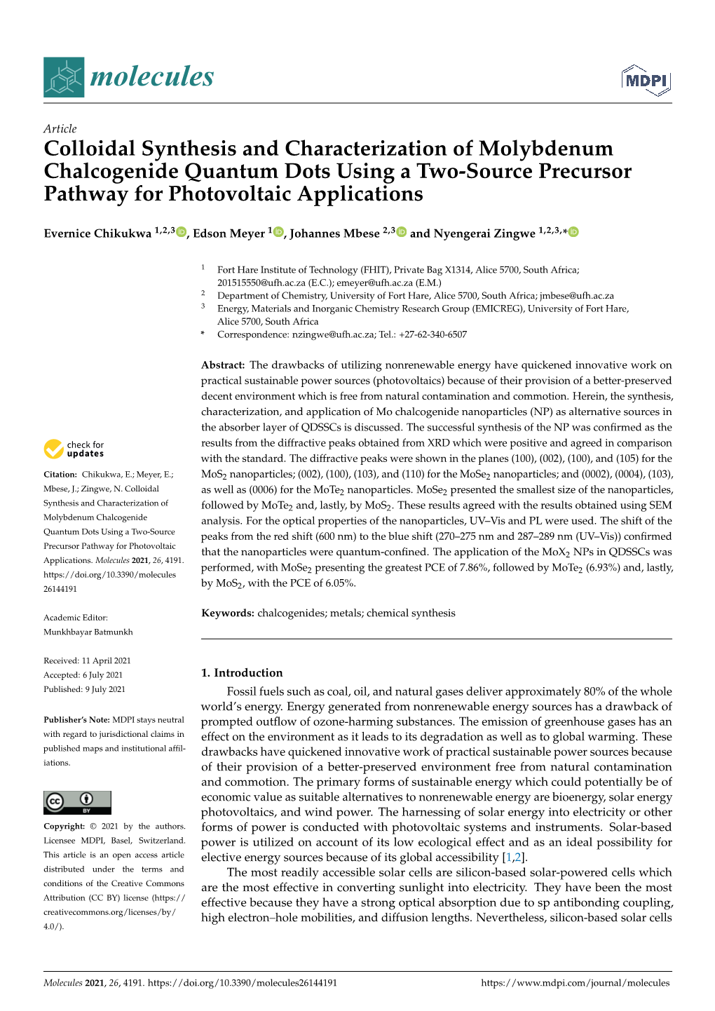 Colloidal Synthesis and Characterization of Molybdenum Chalcogenide Quantum Dots Using a Two-Source Precursor Pathway for Photovoltaic Applications