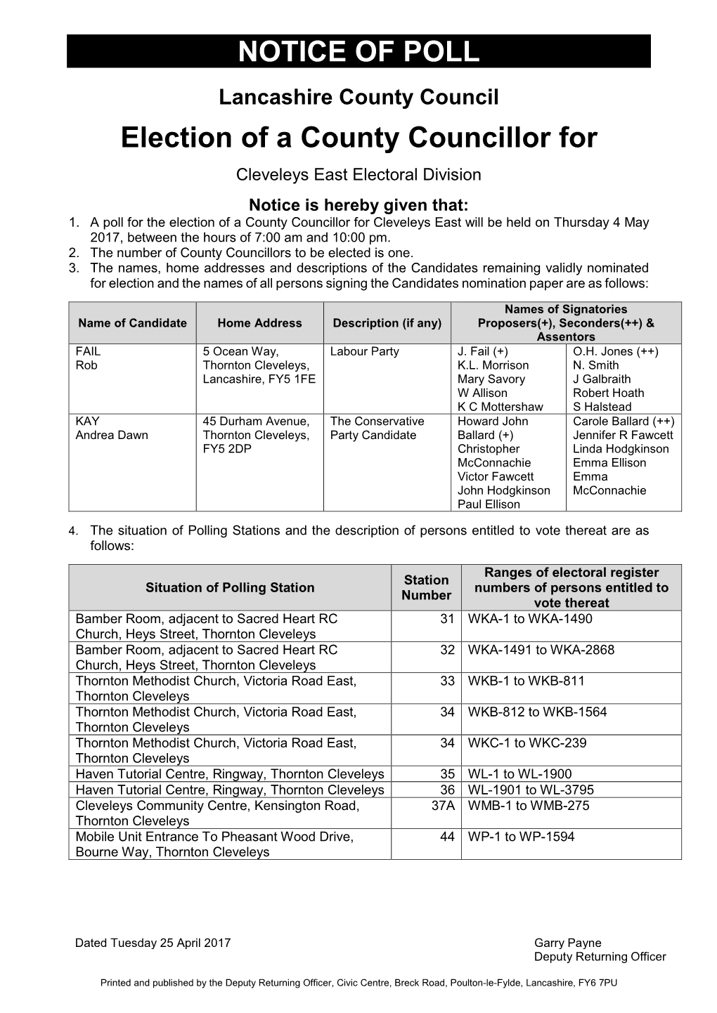 NOTICE of POLL Election of a County Councillor