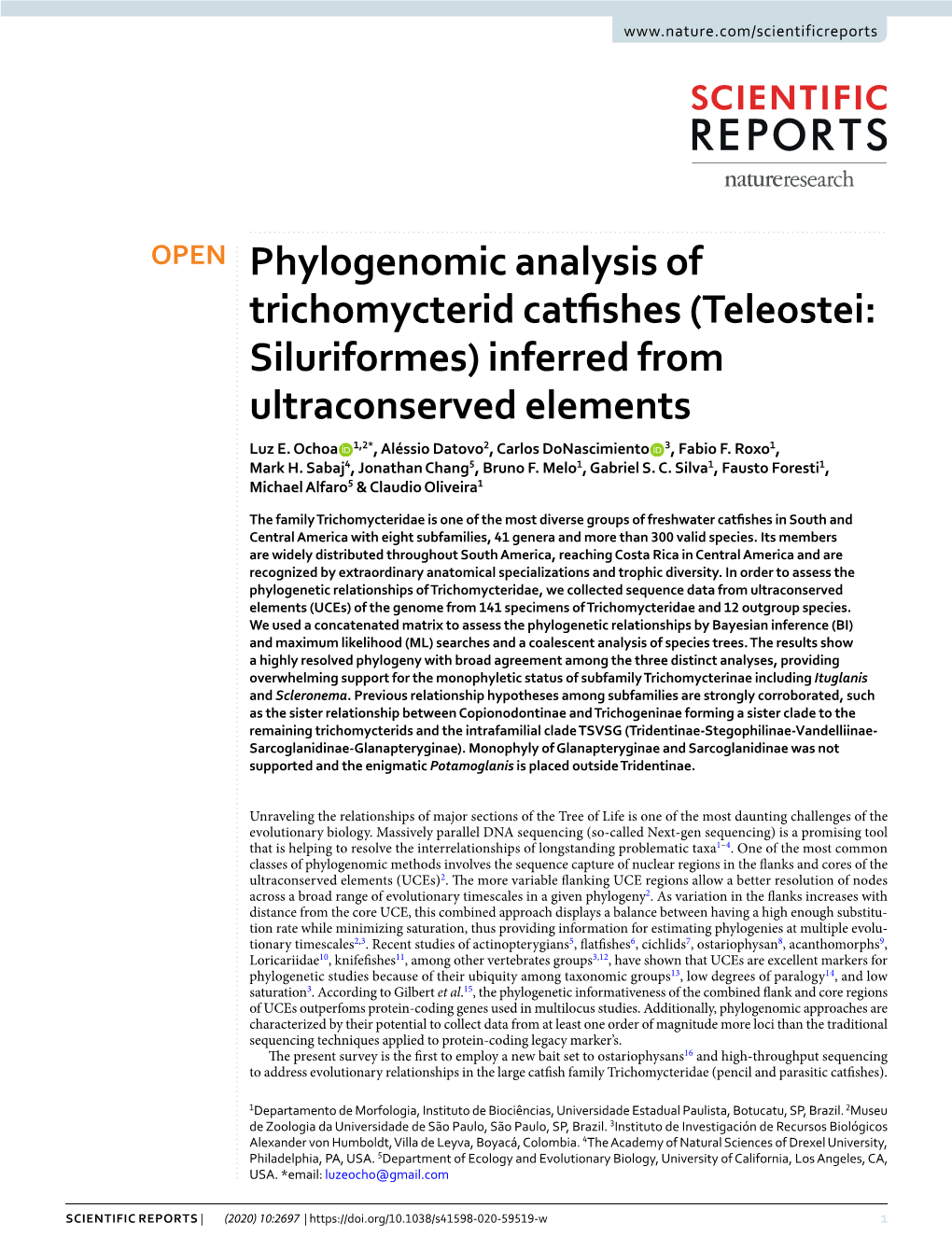 Teleostei: Siluriformes) Inferred from Ultraconserved Elements Luz E