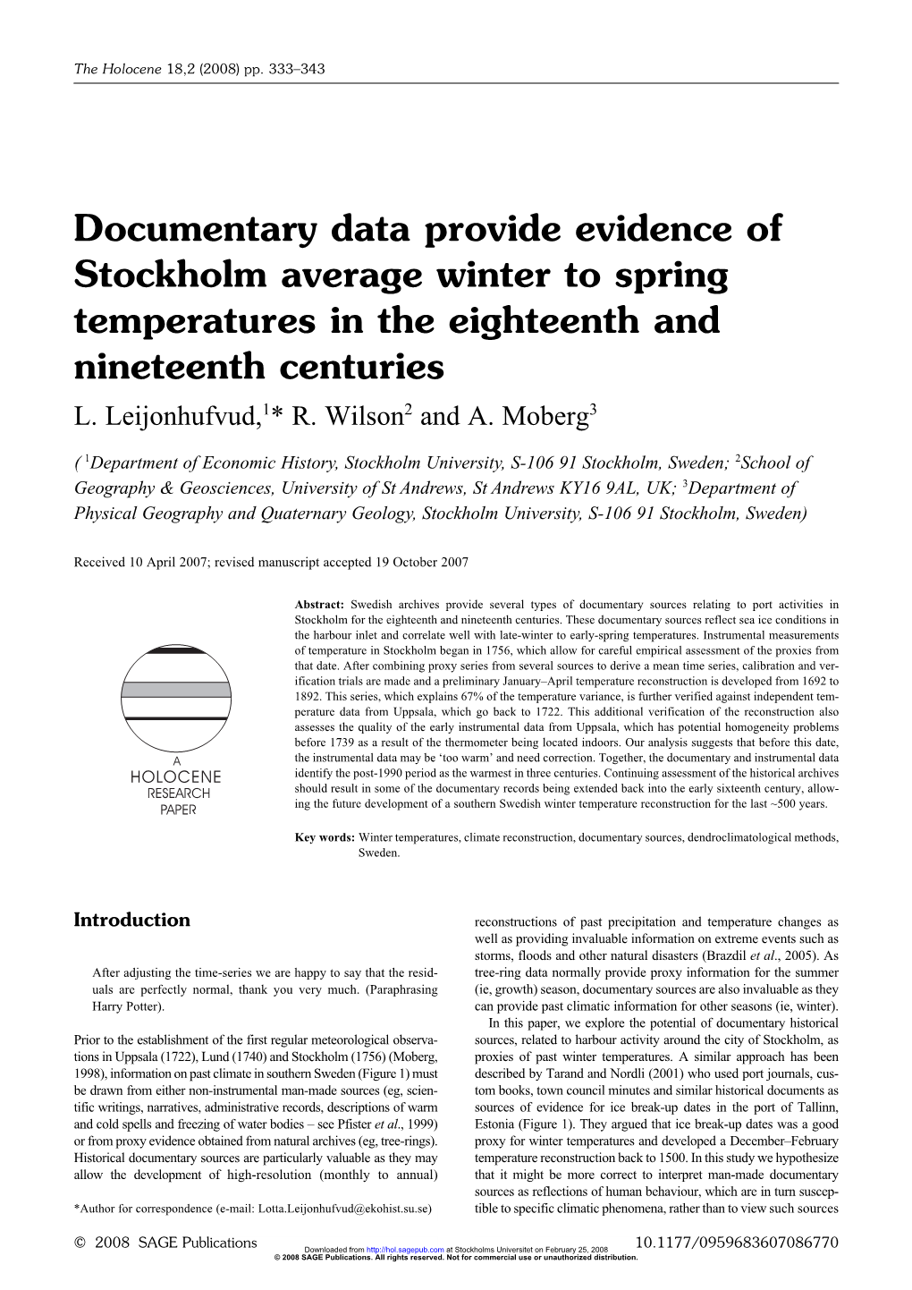 Documentary Data Provide Evidence of Stockholm Average Winter to Spring Temperatures in the Eighteenth and Nineteenth Centuries L