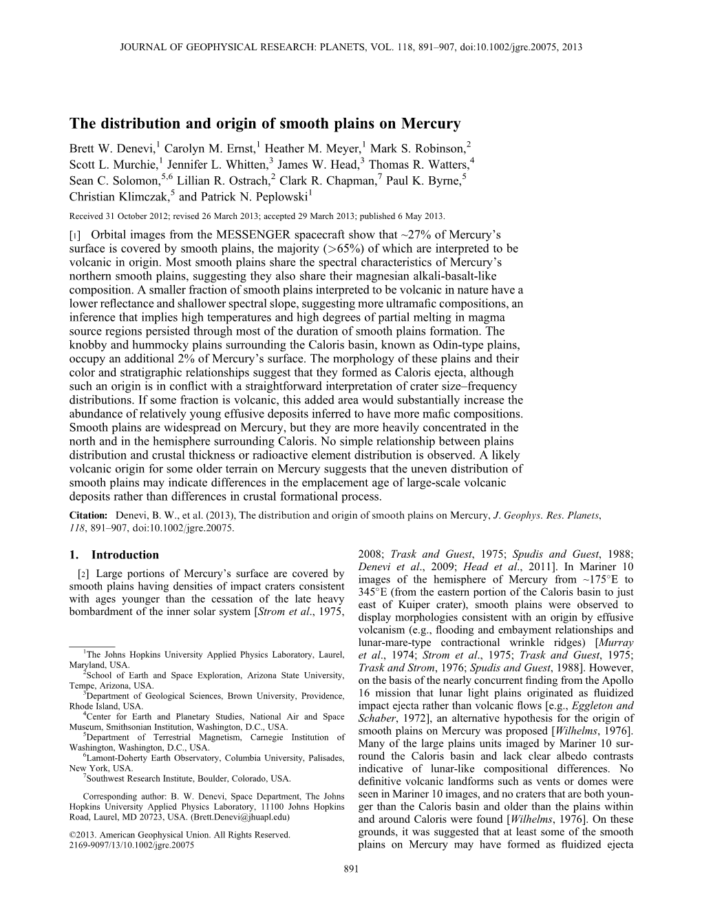 The Distribution and Origin of Smooth Plains on Mercury Brett W