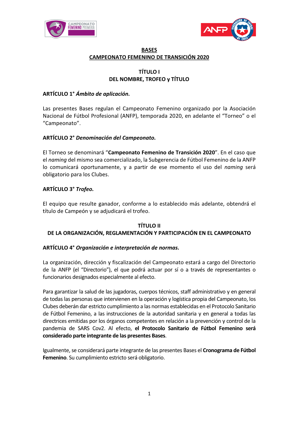 Bases Campeonato Femenino De Transición 2020 Título I