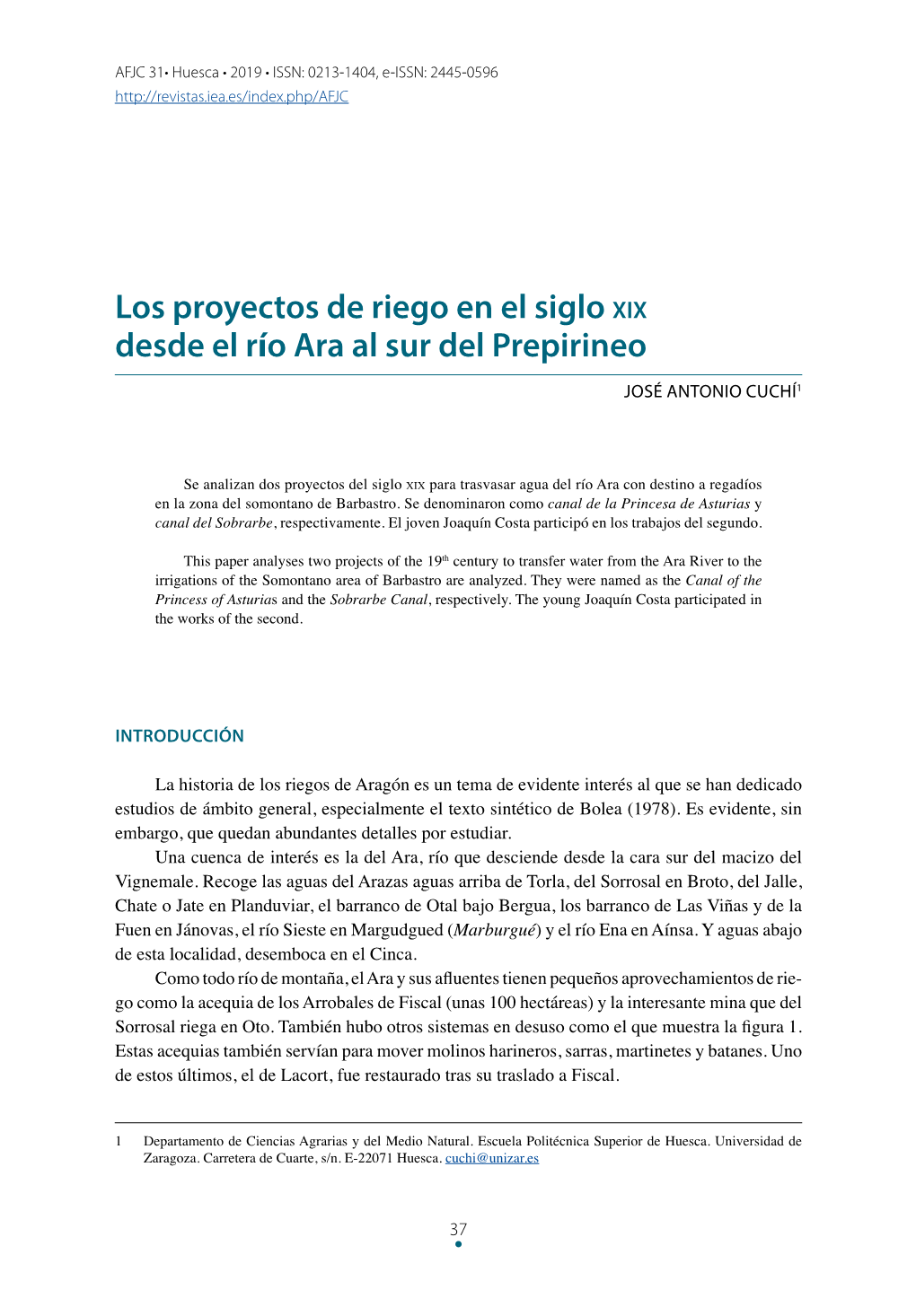 Los Proyectos De Riego En El Siglo Xix Desde El Río Ara Al Sur Del Prepirineo