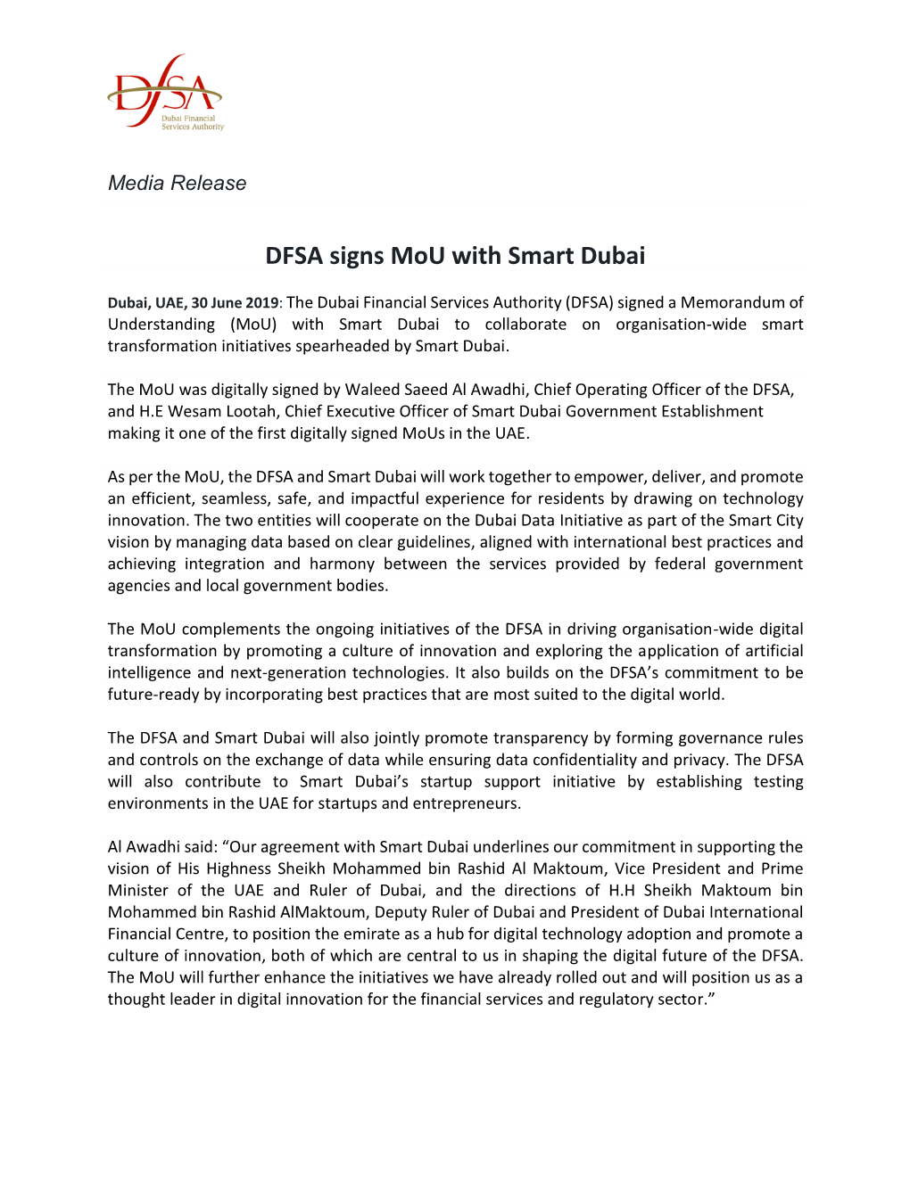 DFSA Signs Mou with Smart Dubai