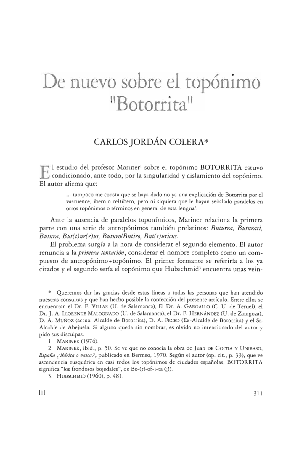 E 1 Estudio Del Profesor Mariner' Sobre El Topónimo BOTORRITA