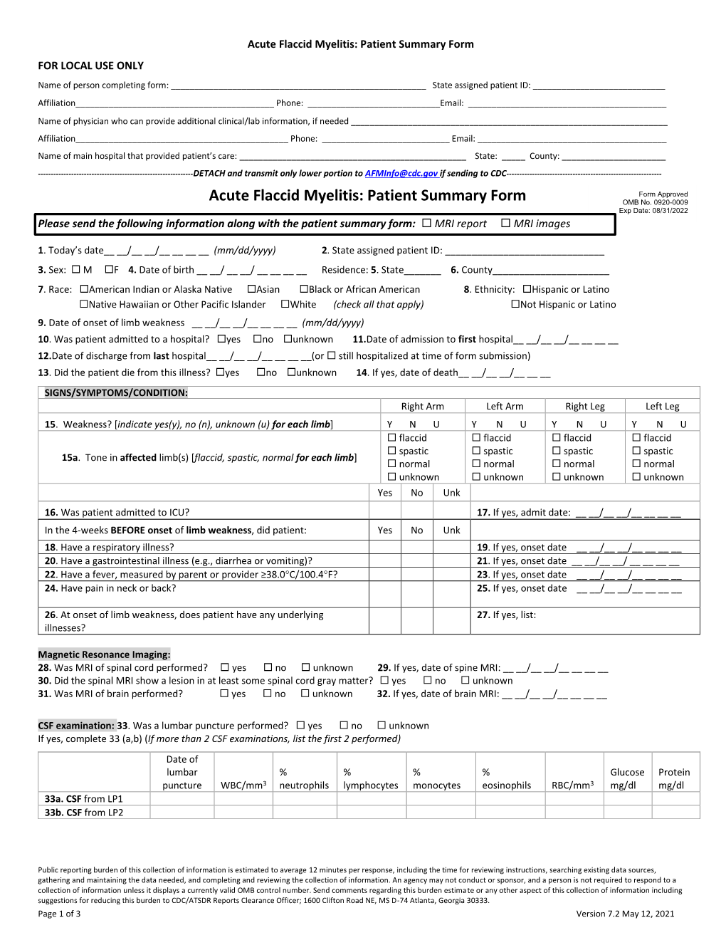 Acute Flaccid Myelitis Patient Summary Form