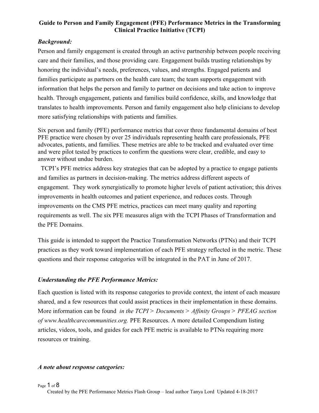 Guide to Person and Family Engagement (PFE) Performance Metrics in the Transforming Clinical