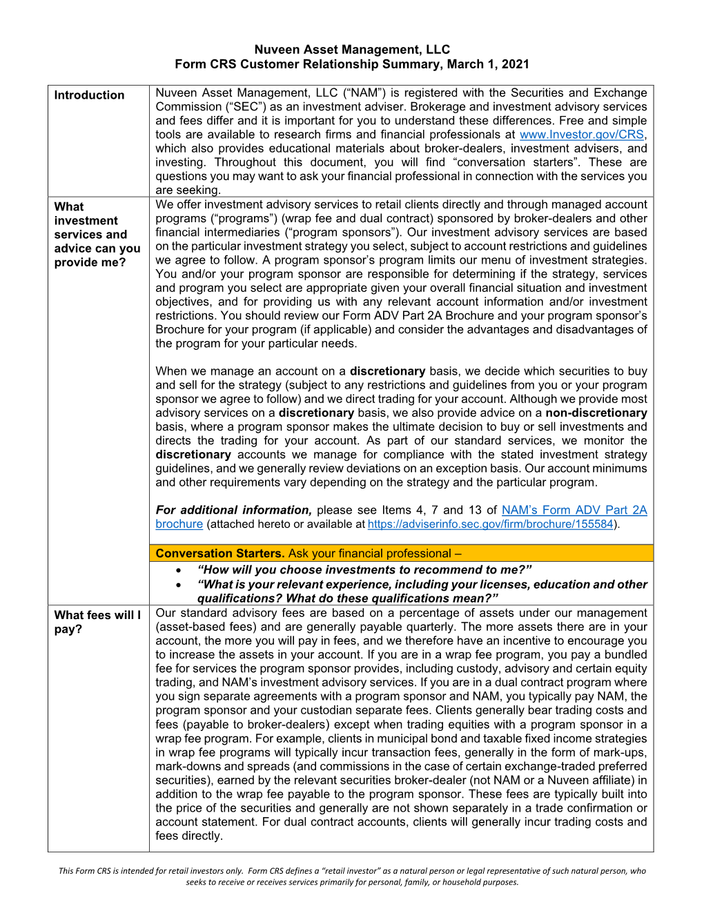 Nuveen Asset Management, LLC Form CRS Customer Relationship Summary, March 1, 2021