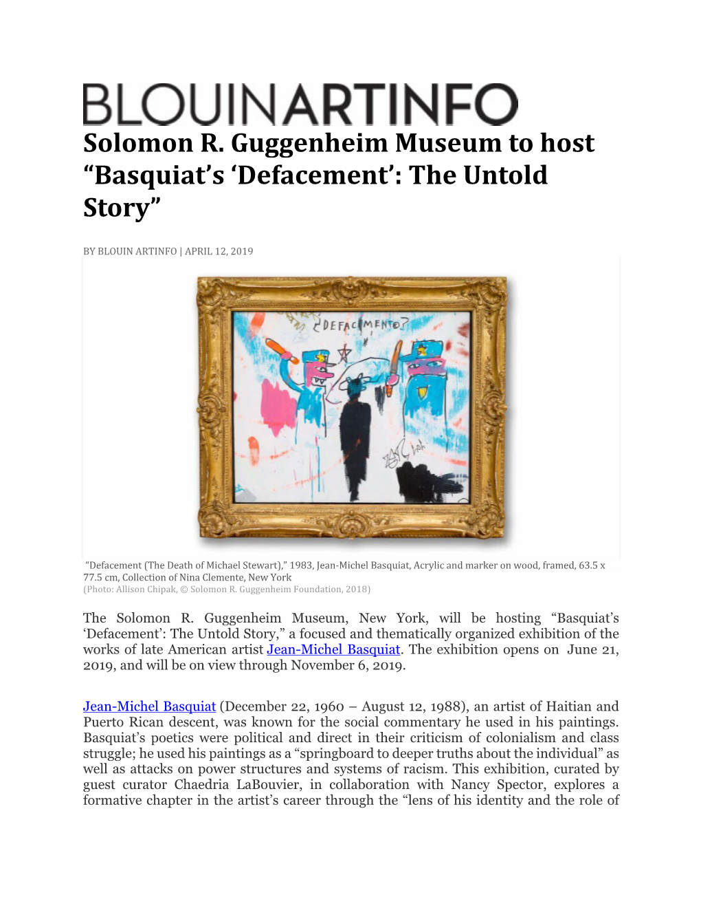 Solomon R. Guggenheim Museum to Host “Basquiat’S ‘Defacement’: the Untold Story”