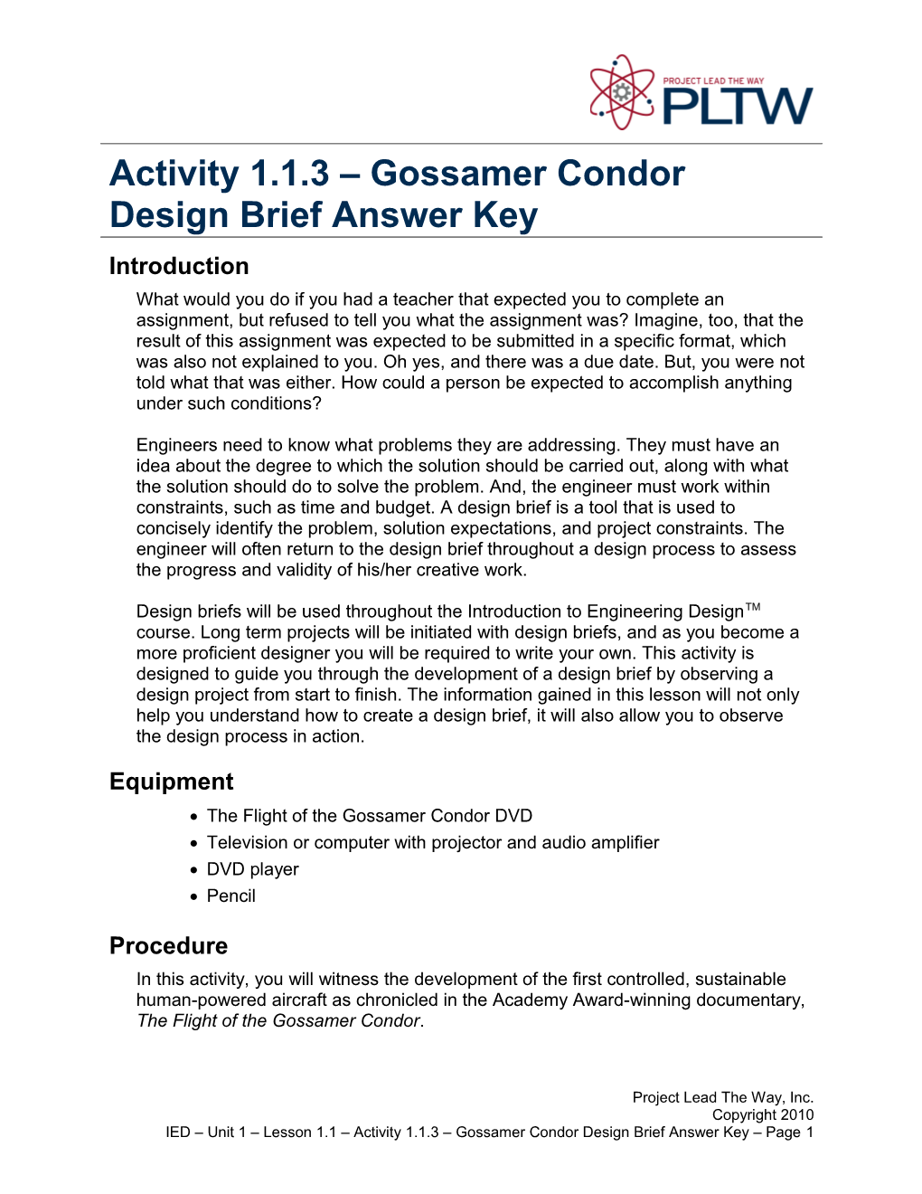 Activity 1.1.3:Gossamer Condor Design Brief Answer Key