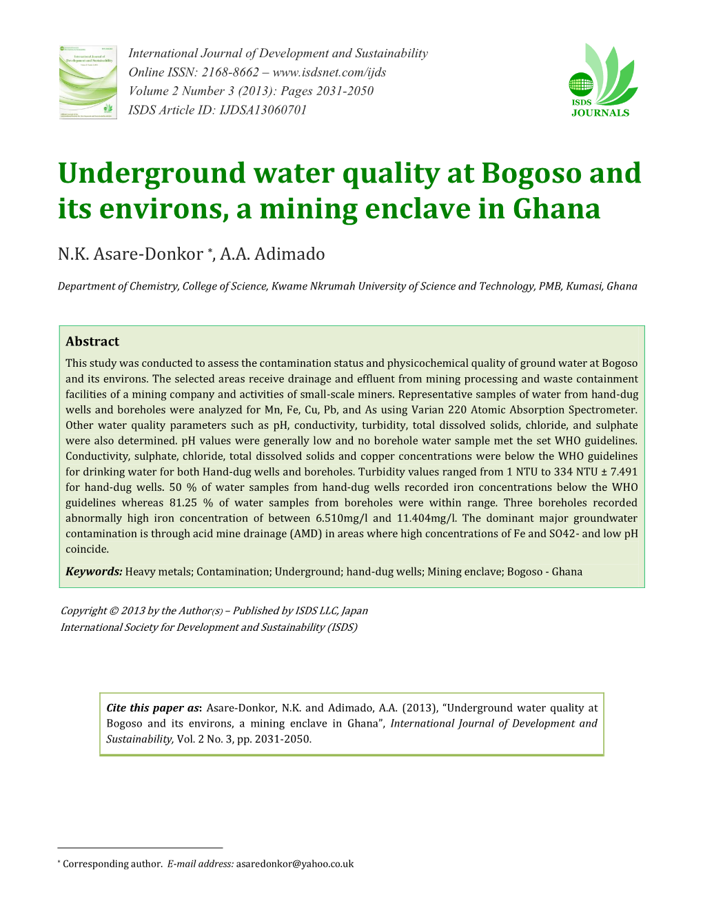 Underground Water Quality at Bogoso and Its Environs, a Mining Enclave in Ghana