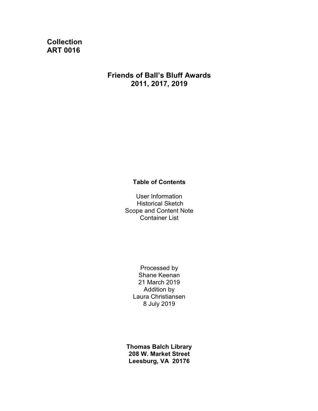 Collection ART 0016 Friends of Ball's Bluff Awards 2011, 2017, 2019