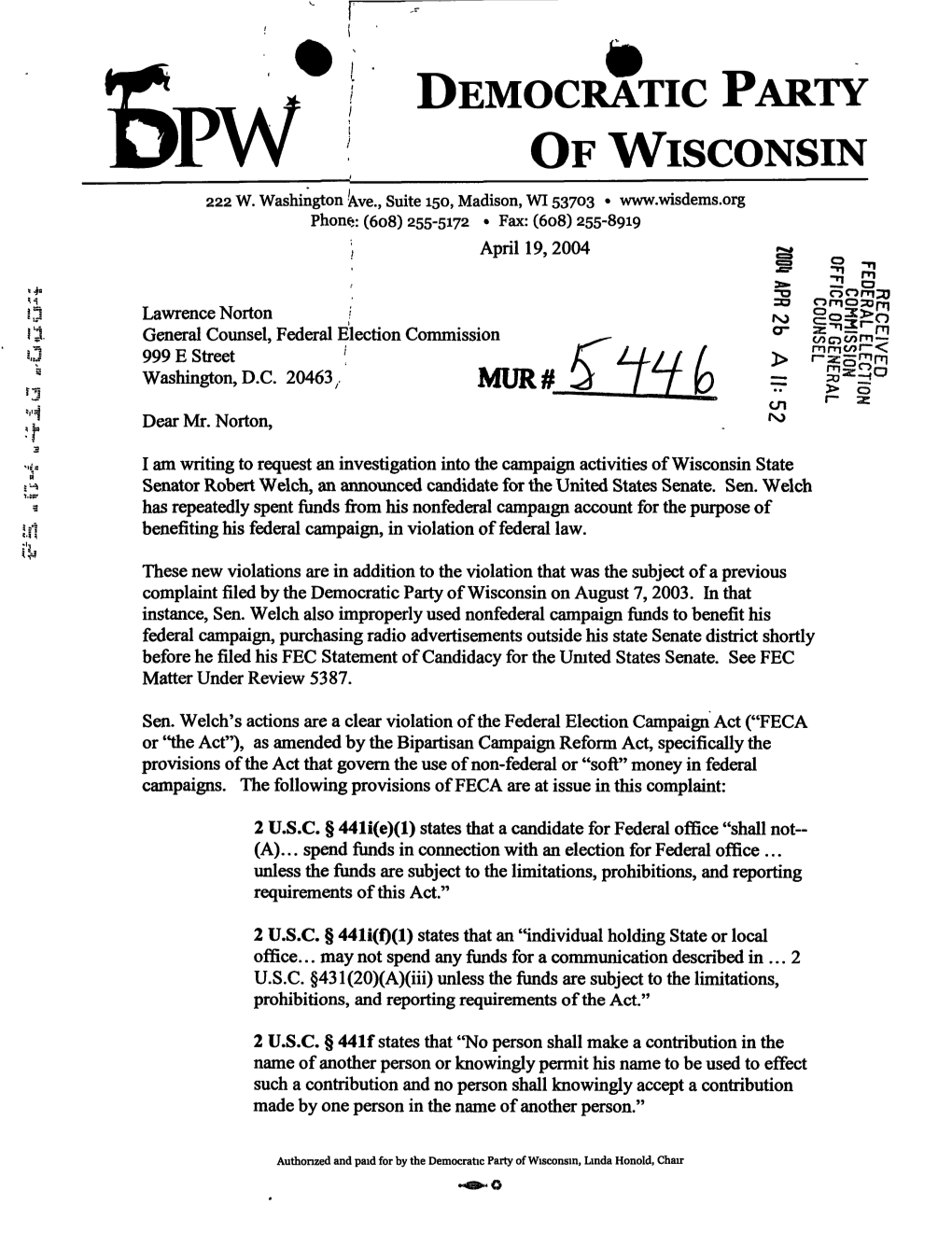 Democratic Party of Wisconsin on August 7,2003