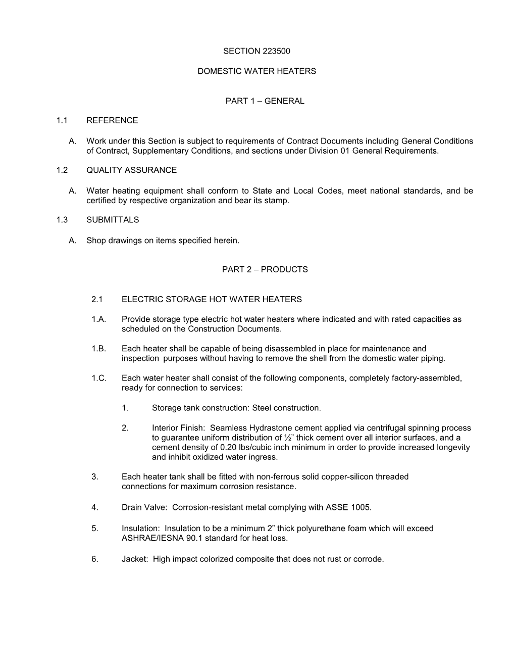 Section 223500 Domestic Water Heaters