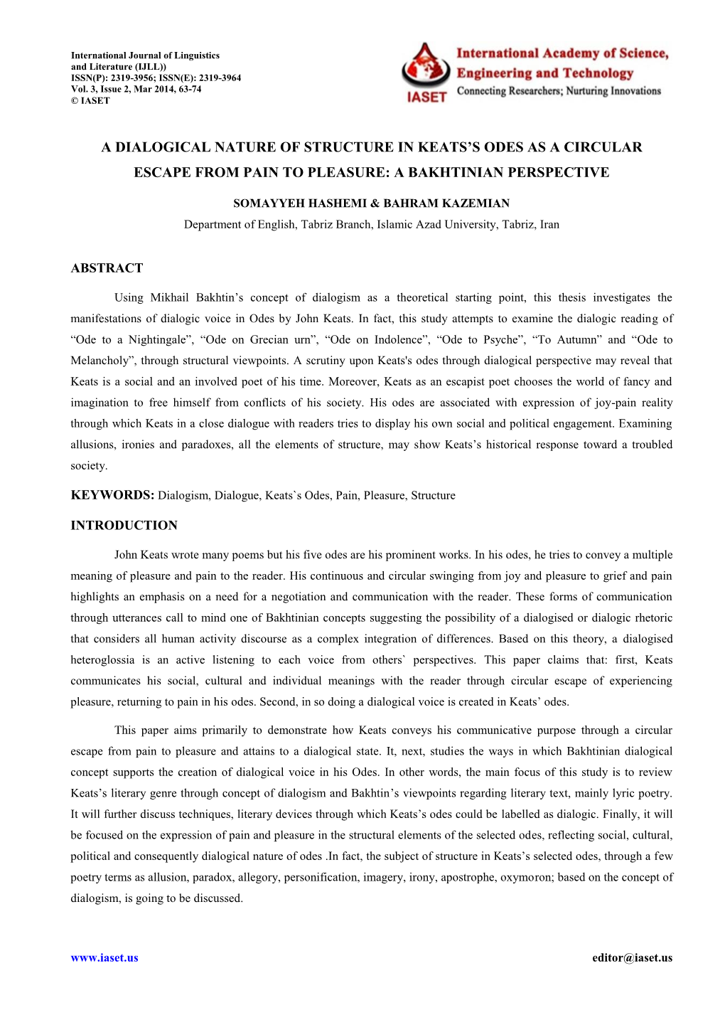 A Dialogical Nature of Structure in Keats's Odes As a Circular Escape from Pain to Pleasure: a Bakhtinian Perspective