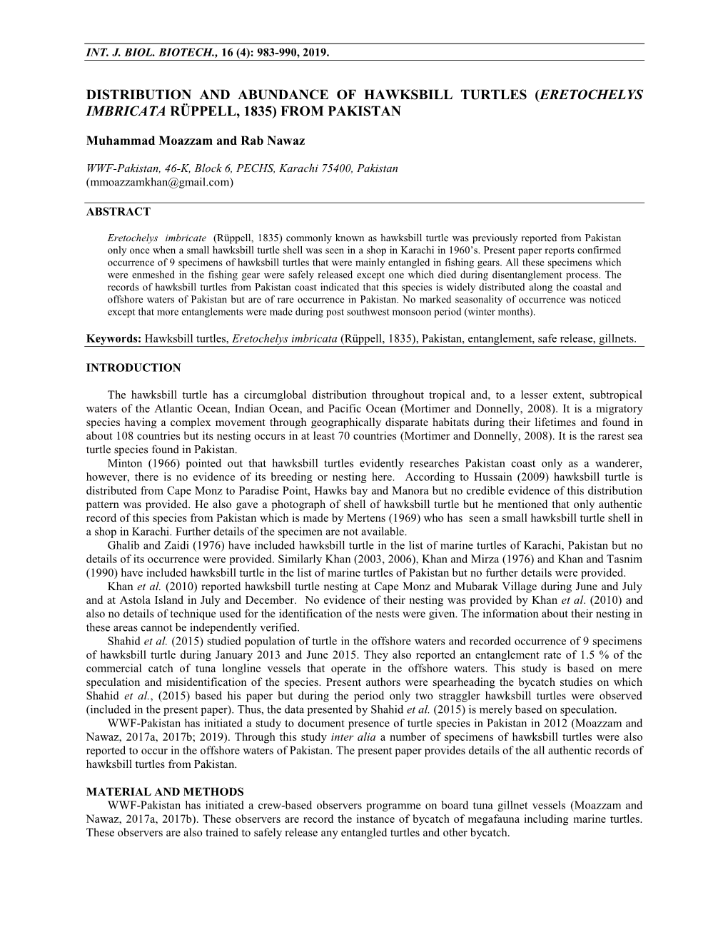 Distribution and Abundance of Hawksbill Turtles (Eretochelys Imbricata Rüppell, 1835) from Pakistan