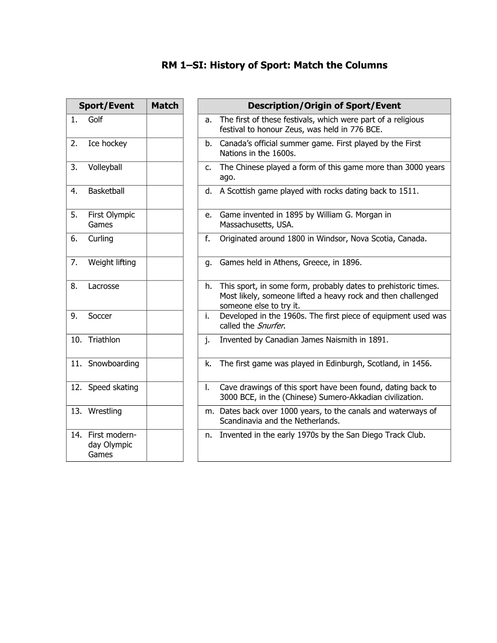 RM 1–SI: History of Sport: Match the Columns