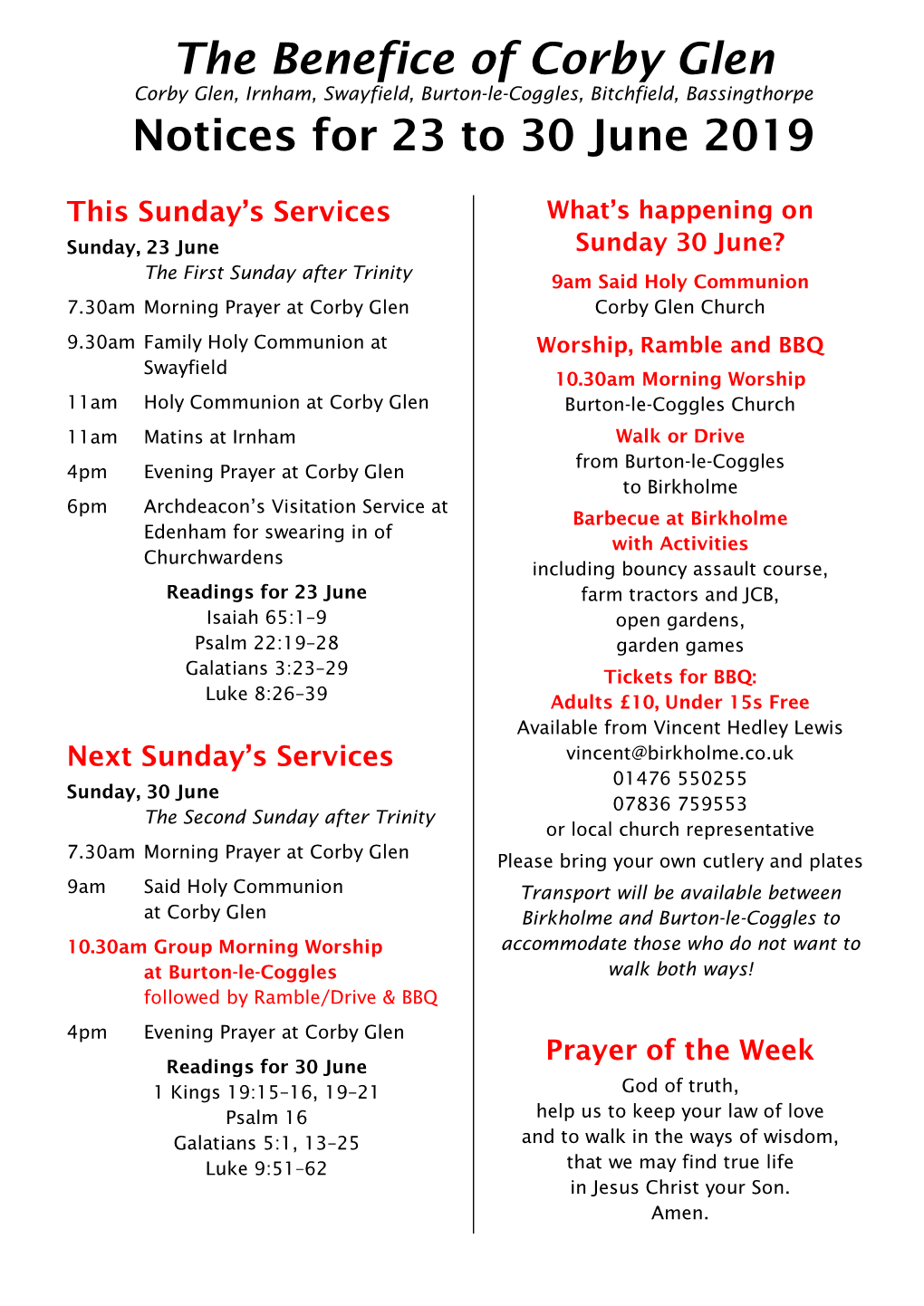 The Benefice of Corby Glen Notices for 23 to 30 June 2019