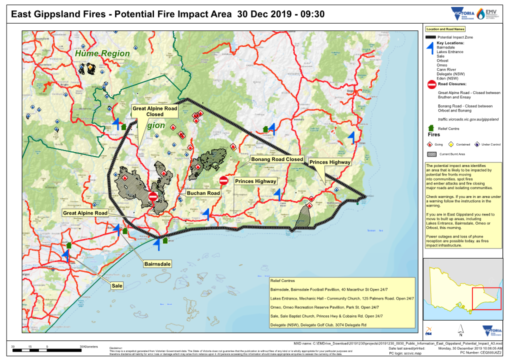 East Gippsland Fires - Potential Fire Impact Area 30 Dec 2019 - 09:30