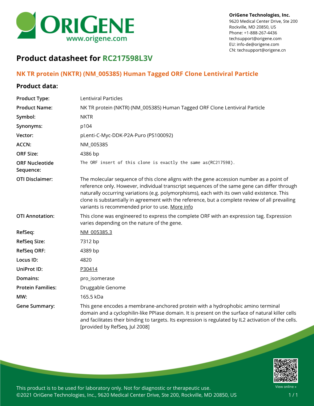 NK TR Protein (NKTR) (NM 005385) Human Tagged ORF Clone Lentiviral Particle Product Data