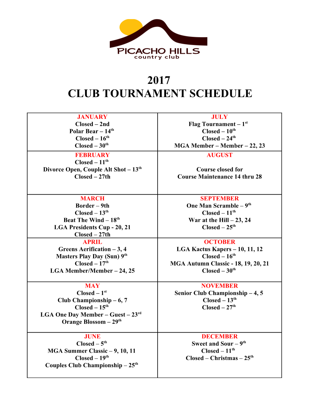 2017 Club Tournament Schedule