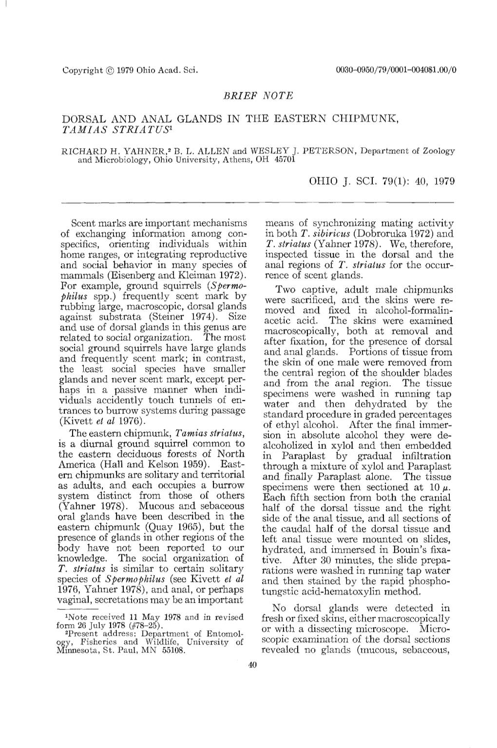 Brief Note Dorsal and Anal Glands in the Eastern Chipmunk, Tamias