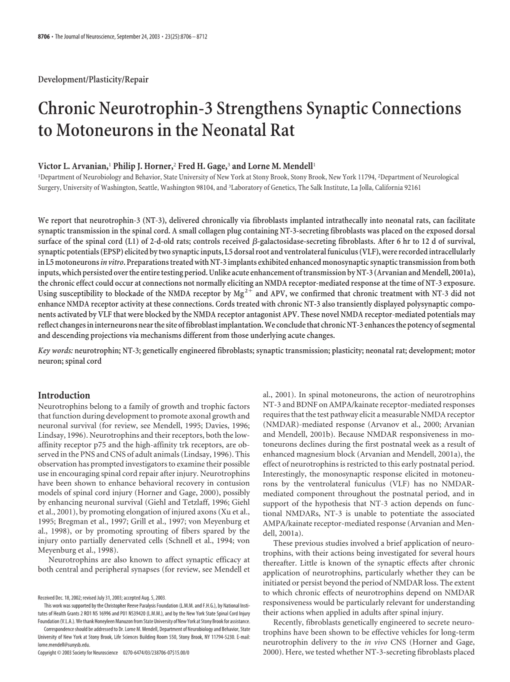 Chronic Neurotrophin-3 Strengthens Synaptic Connections to Motoneurons in the Neonatal Rat