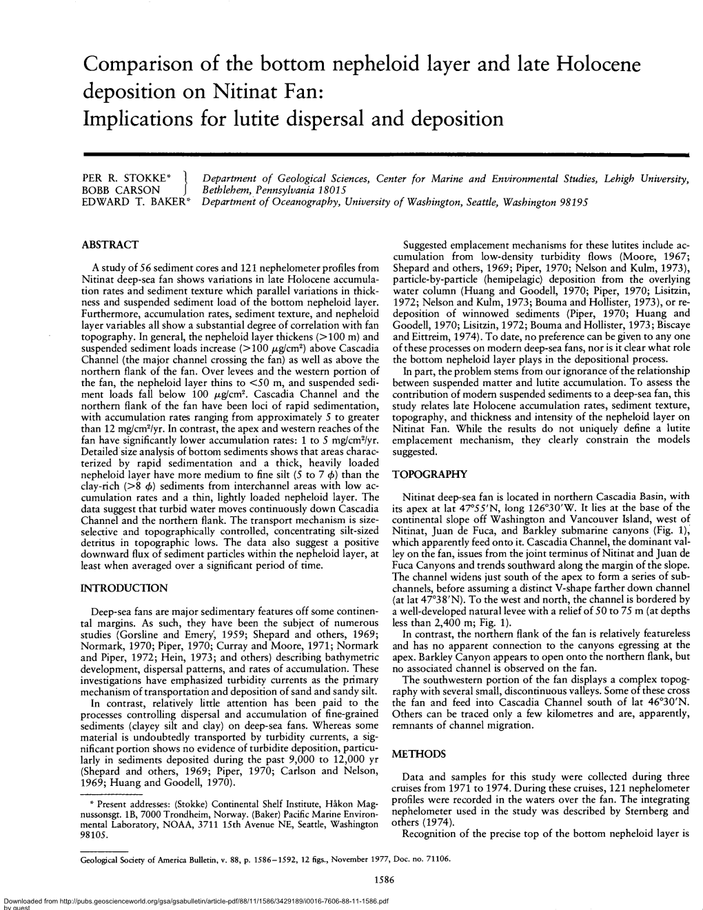 Comparison of the Bottom Nepheloid Layer and Late Holocene Deposition on Nitinat Fan: Implications for Lutite Dispersal and Deposition