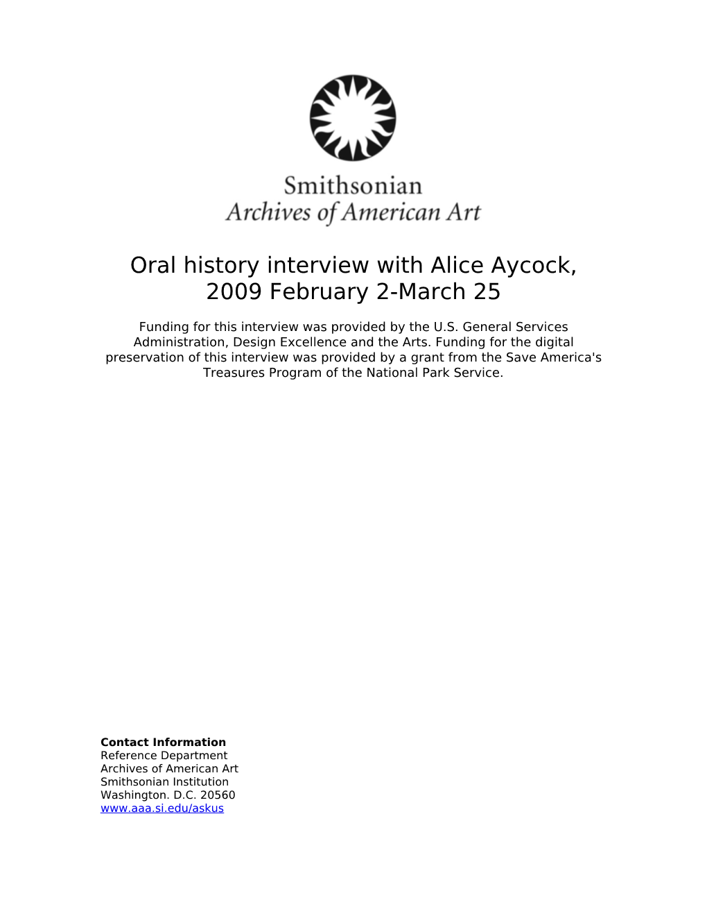 Oral History Interview with Alice Aycock, 2009 February 2-March 25