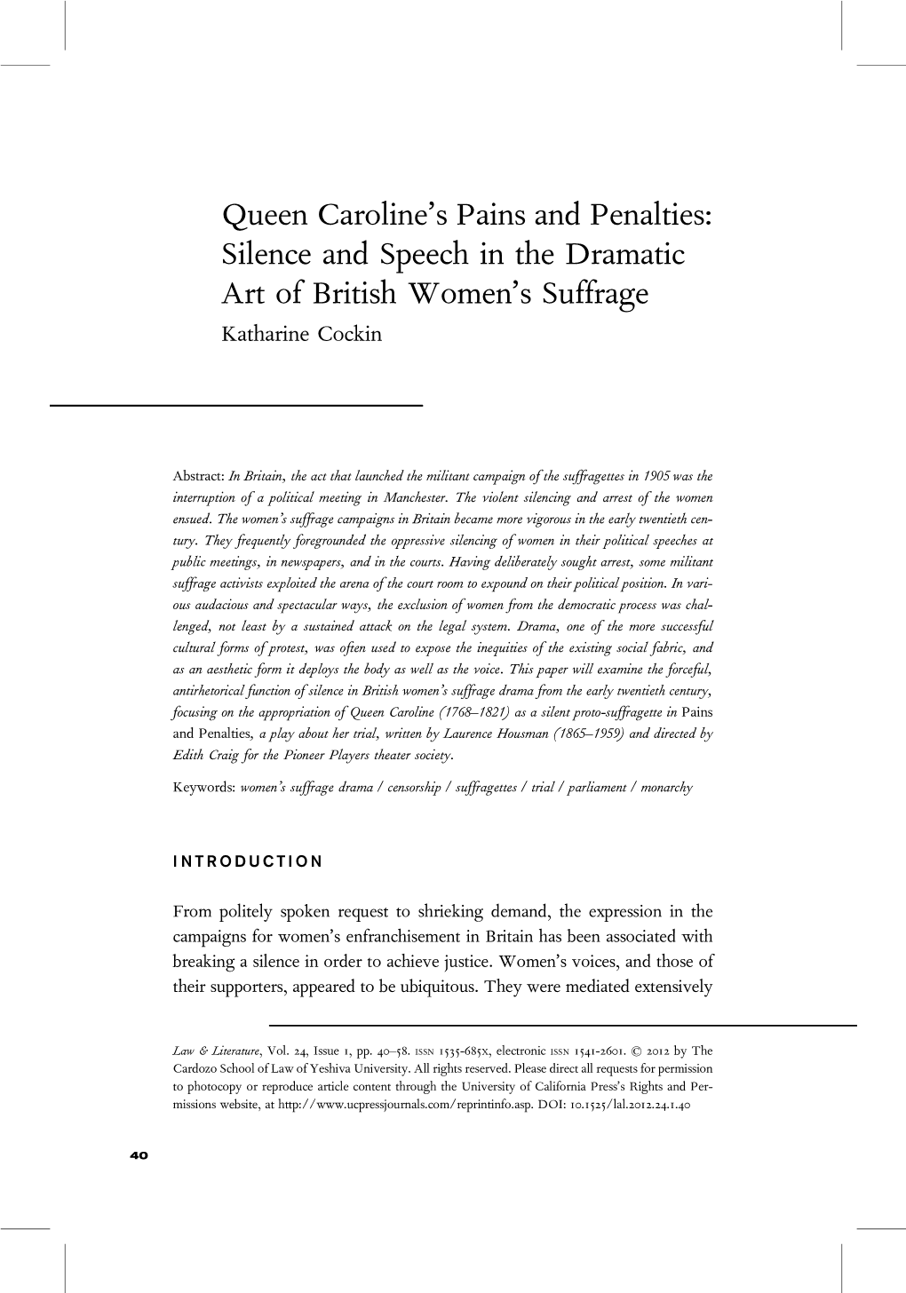 Queen Caroline's Pains and Penalties: Silence