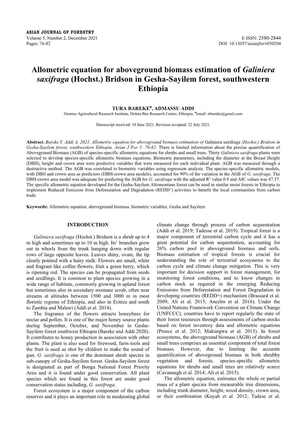 Allometric Equation for Aboveground Biomass Estimation of Galiniera Saxifraga (Hochst.) Bridson in Gesha-Sayilem Forest, Southwestern Ethiopia