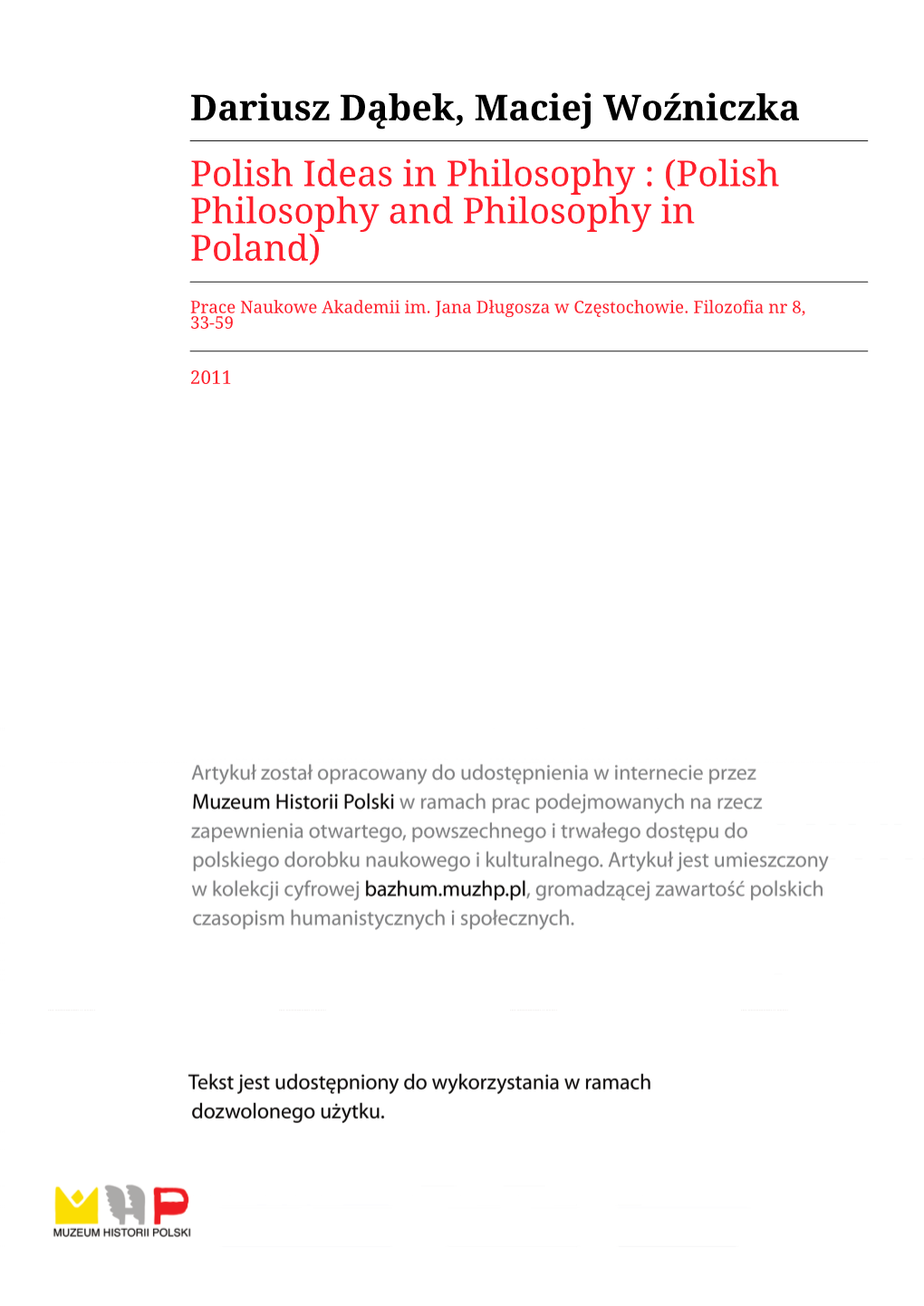 Polish Philosophy and Philosophy in Poland)