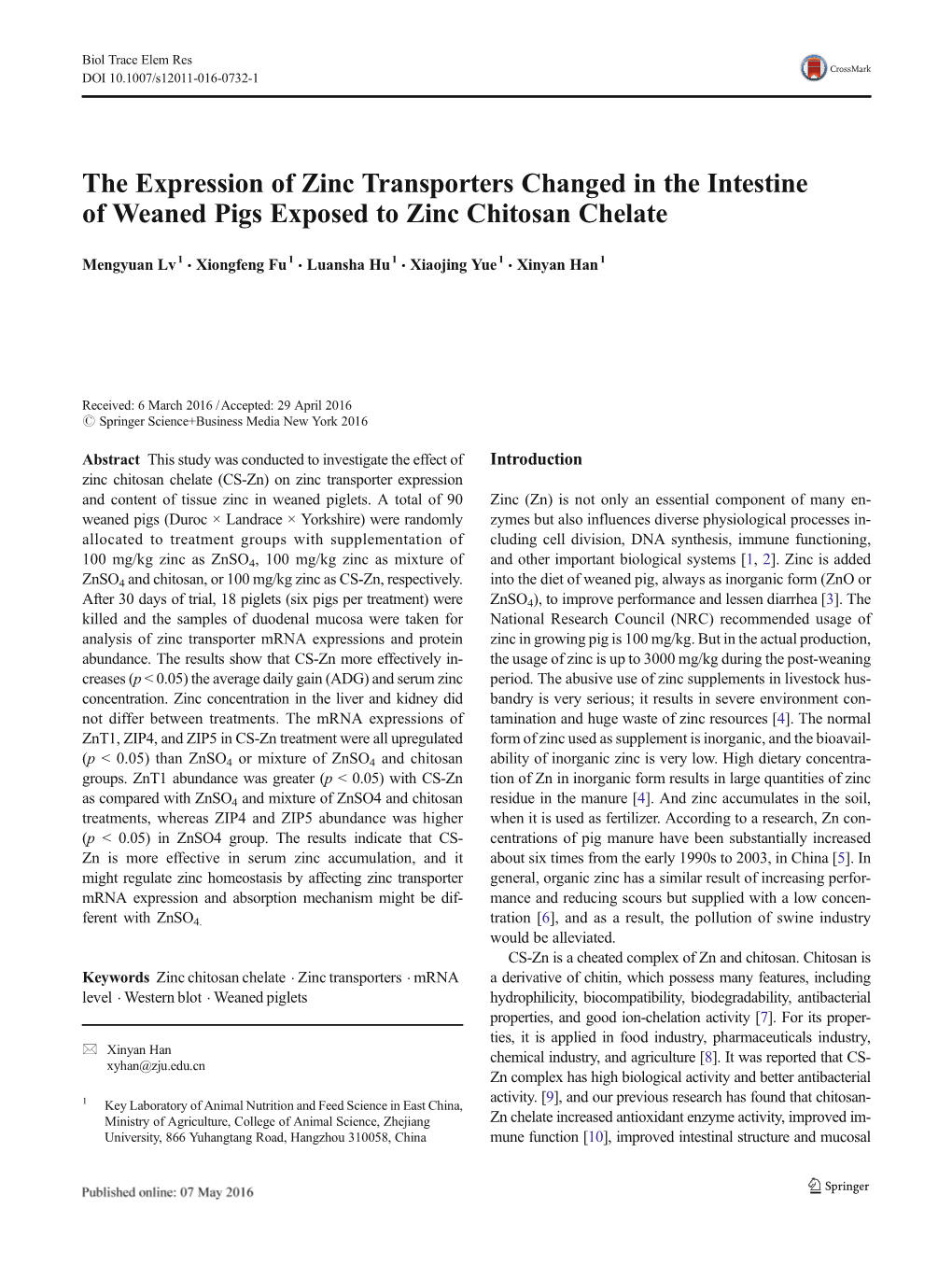 The Expression of Zinc Transporters Changed in the Intestine of Weaned Pigs Exposed to Zinc Chitosan Chelate